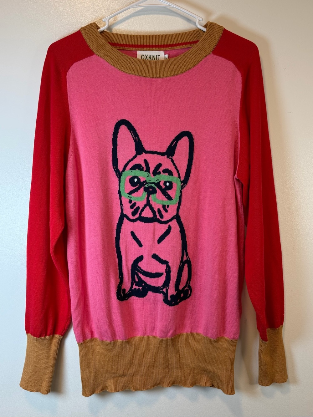 OXKNIT Long Sleeve Retro French Bulldog Colorful Cotton Sweater Women’s Large